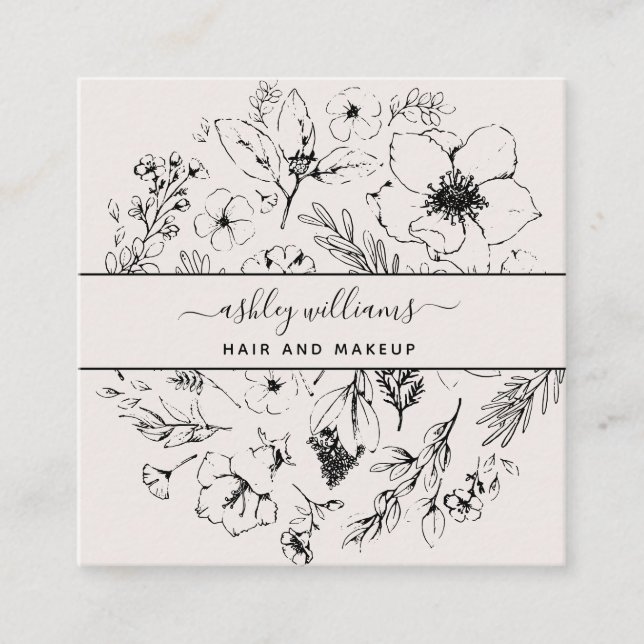 QR Code Botanical Blush Black Script Name Square Business Card (Front)