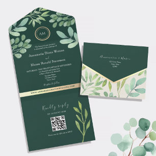 QR Code Botanical Emerald Green Wedding All In One Invitation
