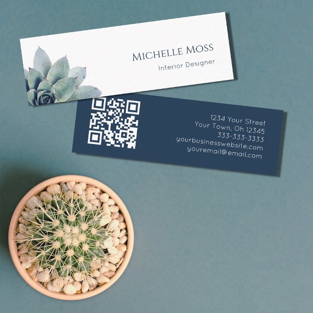 QR code Botanical Greenery Navy Blue White Mini Business Card (Creator Uploaded)
