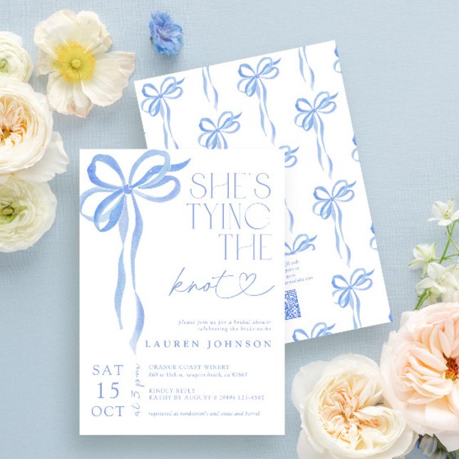 QR Code Bow She's Tying the Knot Blue Shower Invitation (Creator Uploaded)