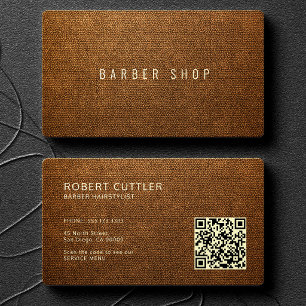 QR code brown faux leather barber hairstylist Business Card