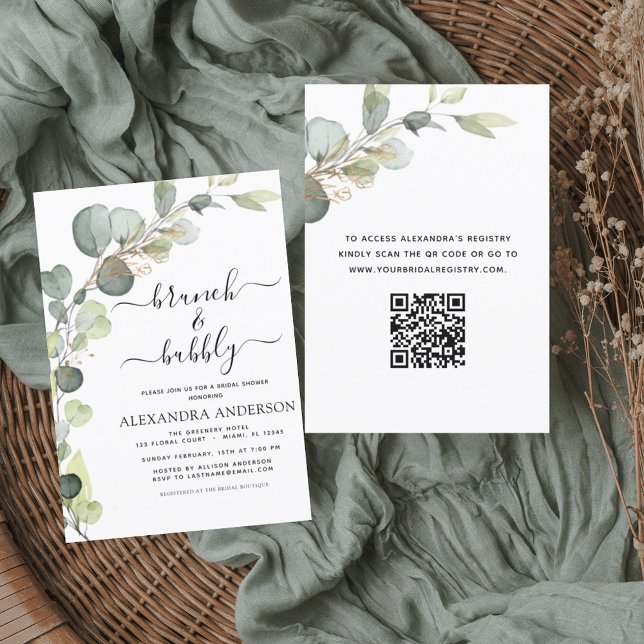 QR Code Brunch & Bubbly Bridal Shower Eucalyptus Invitation (Creator Uploaded)