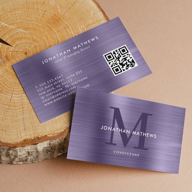 QR Code Brushed Metal Midnight Purple Monogram Business Card (Creator Uploaded)