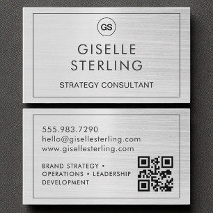 QR Code Brushed Silver Monogram Modern Business Card