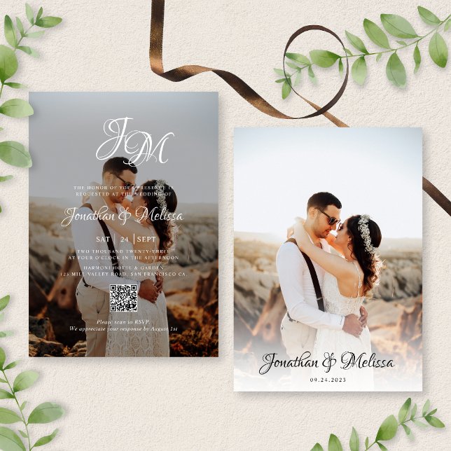 QR Code Budget Monogram Script 2 Photo Wedding Invitation (Creator Uploaded)