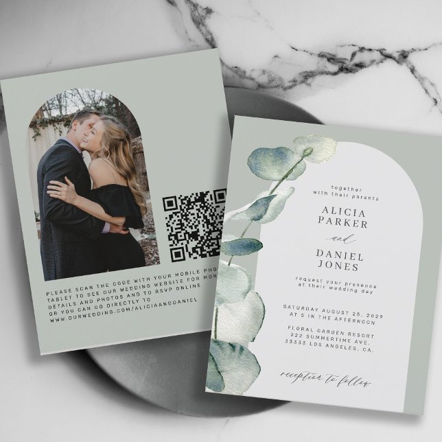 QR CODE budget sage arch PHOTO wedding invitation (Creator Uploaded)