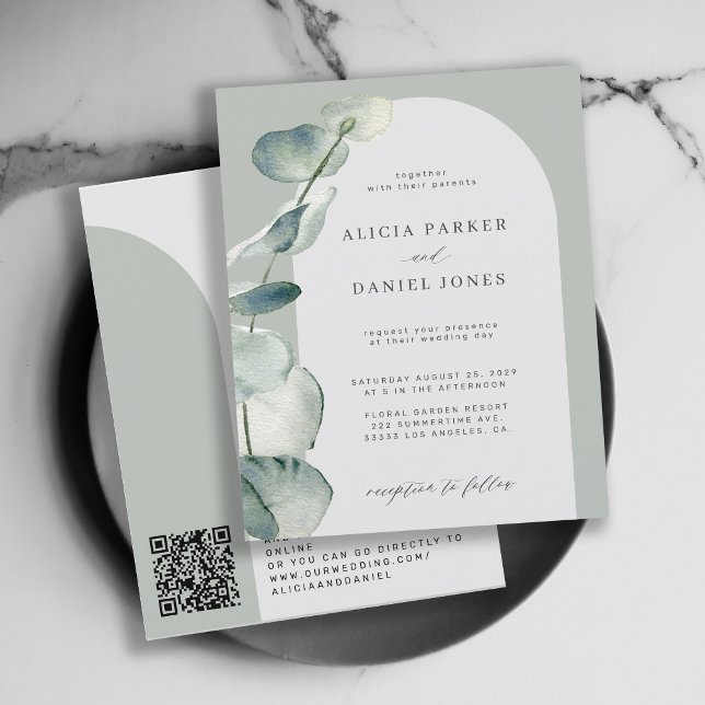 QR CODE budget sage arch wedding invitation (Creator Uploaded)