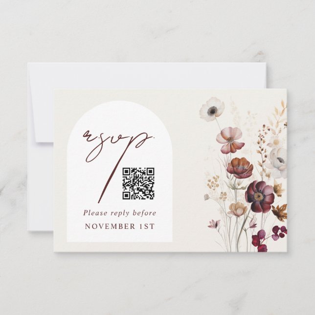 QR Code Burgundy Anemone Arch Floral Wedding RSVP (Front)