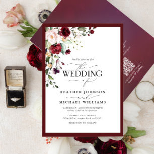 QR Code Burgundy Blush Floral Watercolor Script Invitation