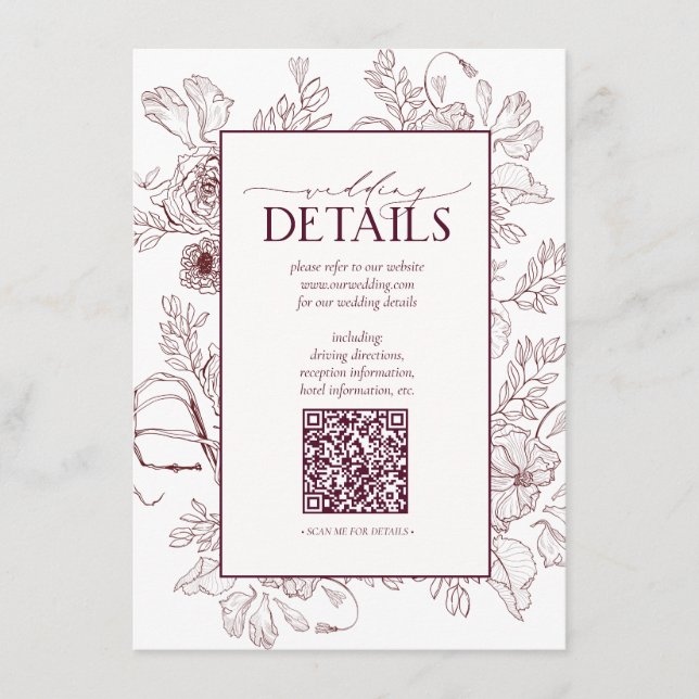 QR Code Burgundy Floral Wedding Details Enclosure Card (Front)