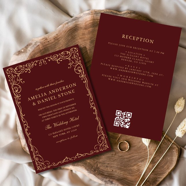 QR Code Burgundy Gold Minimal Wedding Invitation (Creator Uploaded)