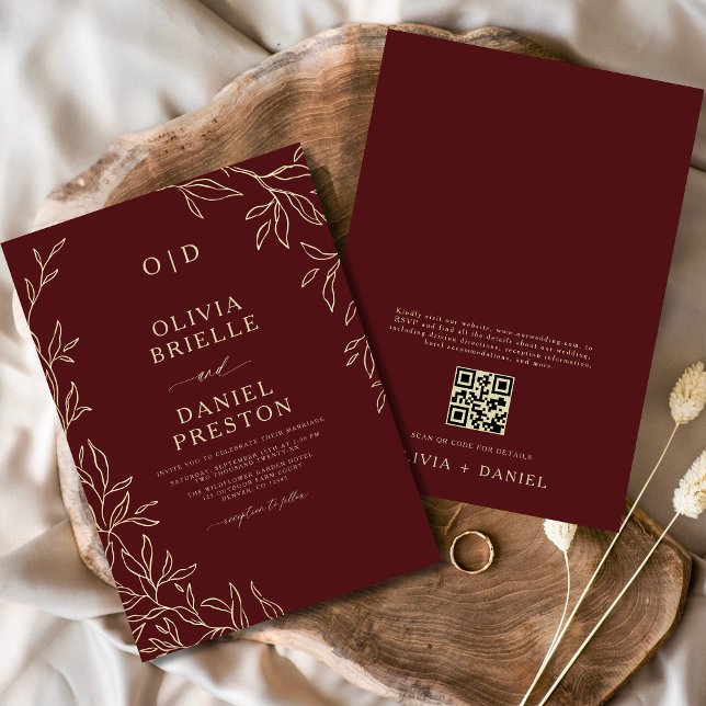 QR Code Burgundy & Gold Monogram Leaf Wedding Invitation (Creator Uploaded)