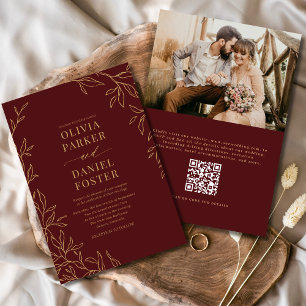 QR Code Burgundy Gold Photo Elegant Wedding Invitation