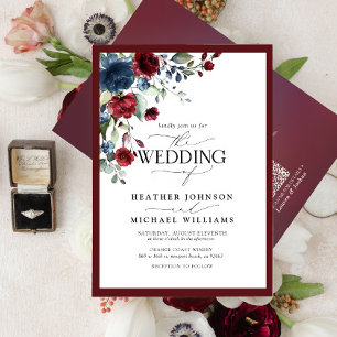QR Code Burgundy & Navy Floral Watercolor Script Invitation