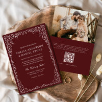 QR Code Burgundy Photo Minimalist Wedding