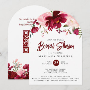 QR Code Burgundy Pink Floral Bridal Shower  Invitation