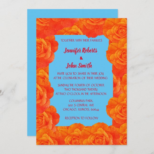 QR Code Burnt Orange Blue Floral Roses Wedding Invitation (Front/Back)