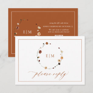 QR Code Burnt Orange Floral Crest Monogram RSVP Card