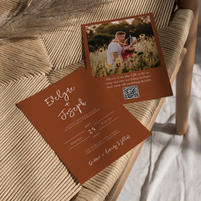 QR Code Burnt Orange Photo Boho Terracotta Wedding Invitation (Creator Uploaded)