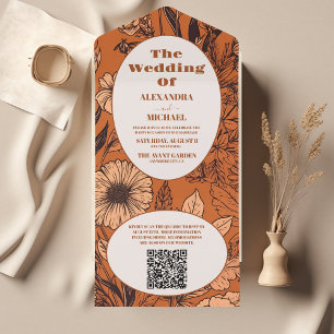 QR Code Burnt Orange Wildflowers Wedding All In One Invitation