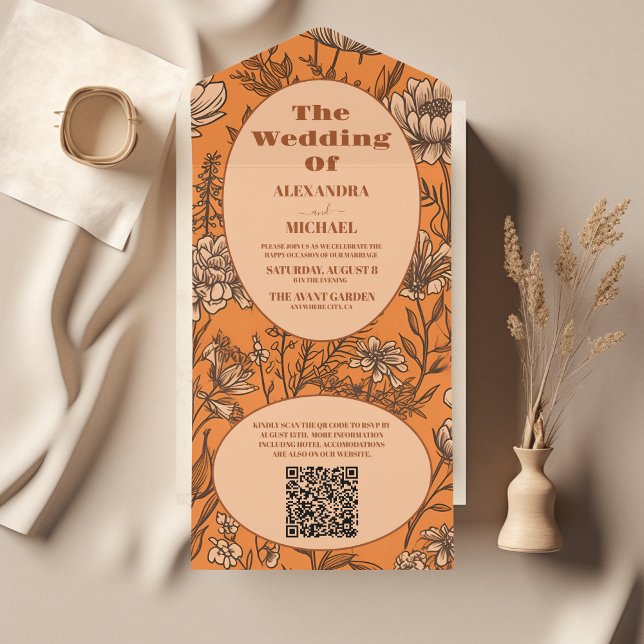 QR Code Burnt Orange Wildflowers Wedding All In One Invitation (Creator Uploaded)