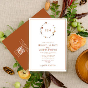 QR Code Burnt Rust Floral Wreath Monogram Wedding Invitation