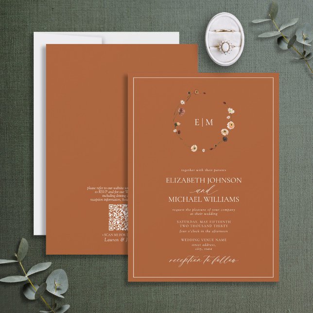 QR Code Burnt Rust Floral Wreath Monogram Wedding  Invitation (Creator Uploaded)