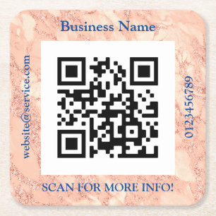 QR Code Bus. Name, Promo, Rose Gold Marble Vs 2 Square Paper Coaster