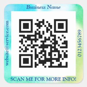 QR Code Bus. Name Website Promo, Blue & Green Square Sticker