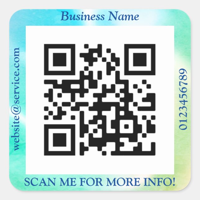QR Code Bus. Name Website Promo, Blue & Green Square Sticker (Front)