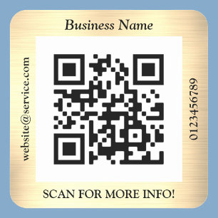 QR Code Bus. Name Website Promo, Brushed Yel. Gold Square Sticker