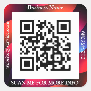 QR Code Bus. Name Website Promo, Geometric/White Square Sticker