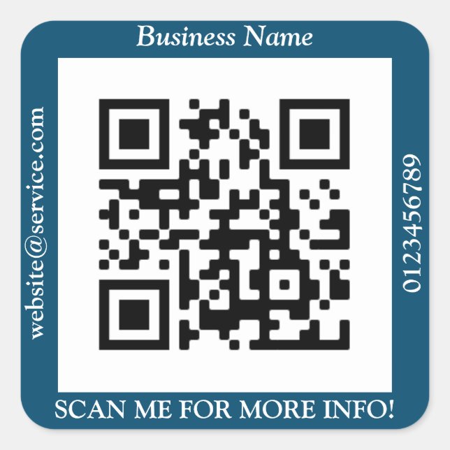 QR Code Bus. Name Website Promo, Ocean Blue Square Sticker (Front)