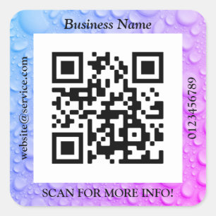 QR Code Bus. Name Website Promo, Water Droplets Square Sticker