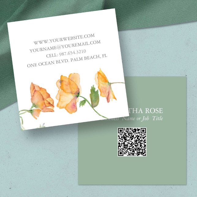 QR Code Business Card – Watercolor Floral (unique business cards botanical QR code watercolor orange poppies flowers)