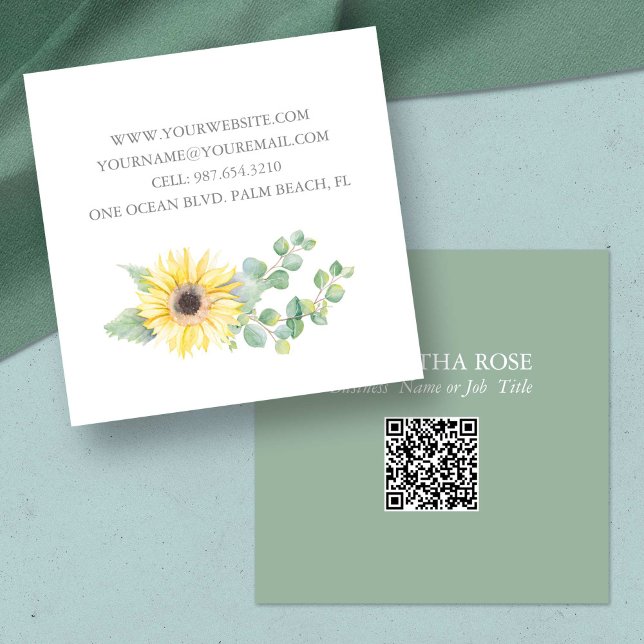 QR Code Business Card – Watercolor Floral (unique business cards florist watercolor yellow sunflower botanical eucalyptus greenery)