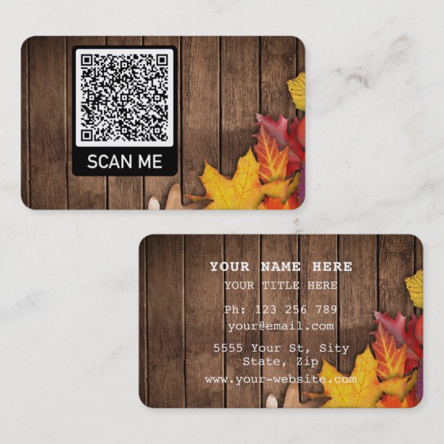 QR Code Business Card with Autumn Leaves On Wood (Front/Back)