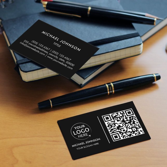 QR Code Business Custom Logo Black Modern Card (Creator Uploaded)
