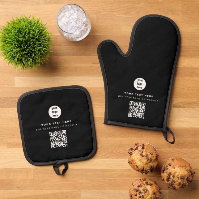 QR Code Business Logo Black Minimalist Business  Oven Mitt & Pot Holder Set (Top Down)