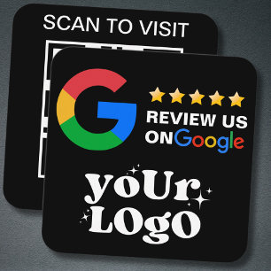 QR Code Business Logo Black Modern Google Review Square Business Card