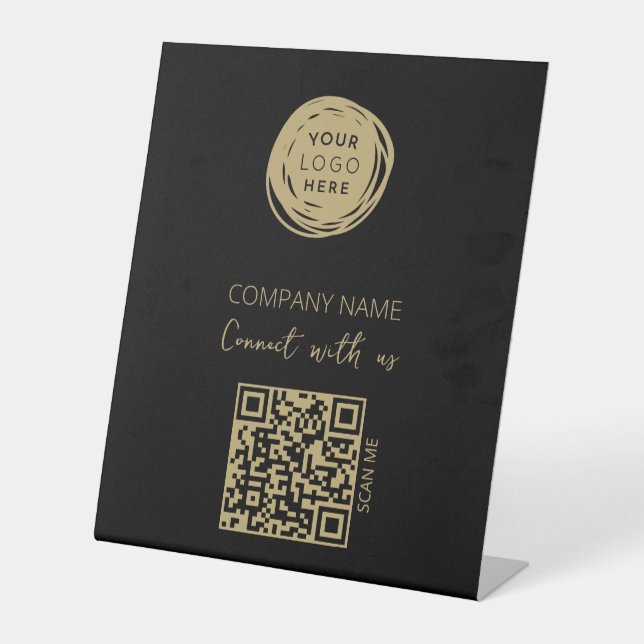 QR Code Business Logo Black Modern Pedestal Sign (Front)