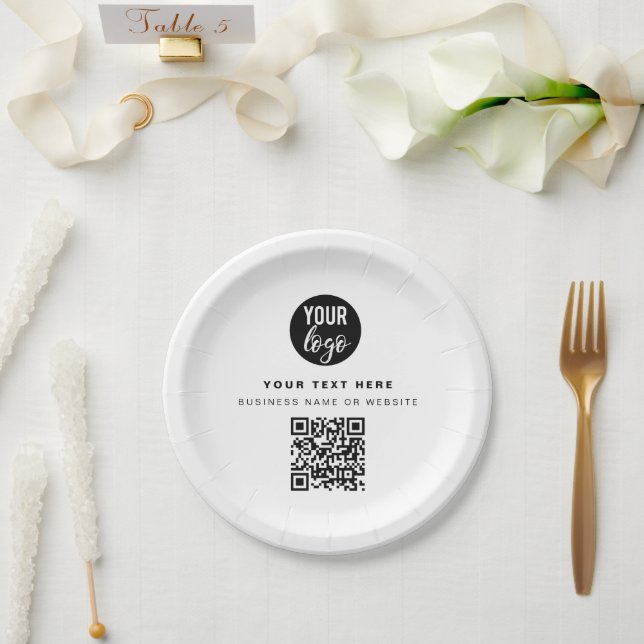 QR Code Business Logo Modern Minimalist Business  Paper Plate (Wedding)