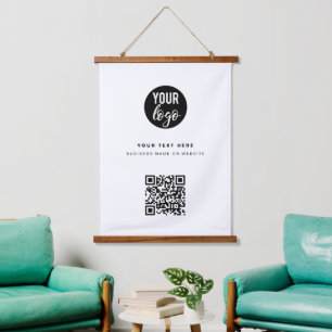 QR Code Business Logo Modern Minimalist White Hanging Tapestry
