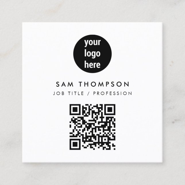 QR Code Business Logo Modern Minimalist White Square Business Card (Front)