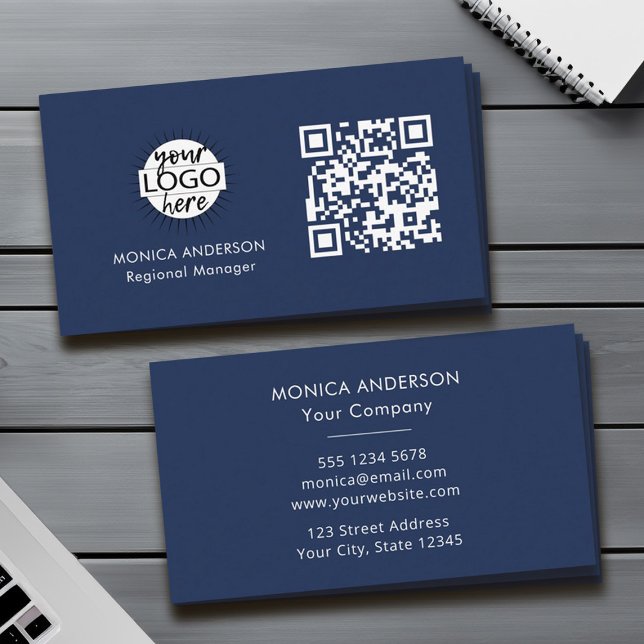 QR Code Business Logo Navy Modern Professional Business Card (Custom QR Code Logo Modern Navy Blue Business Card)
