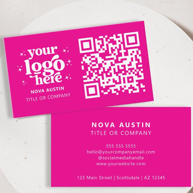 QR Code Business Logo Professional Modern Hot Pink Business Card (Creator Uploaded)