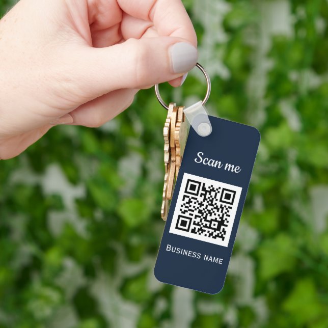 QR Code Business Logo Professional Navy Blue Key Ring (Hand)