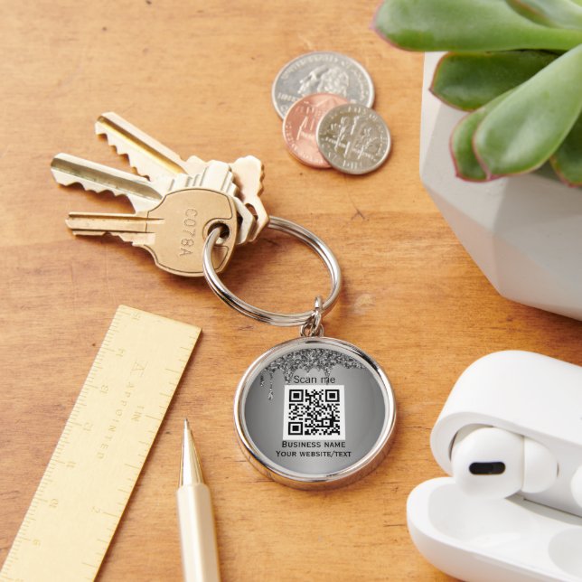 QR Code Business Logo Professional Silver Key Ring (Desk)