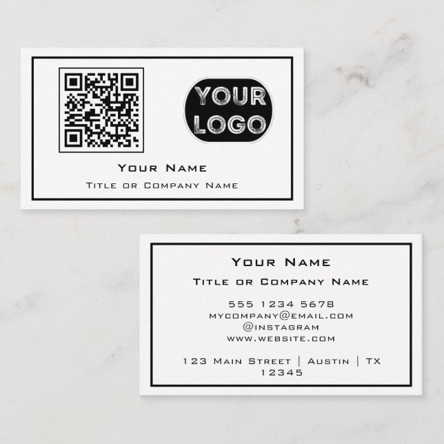 QR Code Business Logo White Minimalist Card (Front/Back)