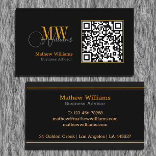 QR Code Business, Modern Black Monogram Pro Business Card